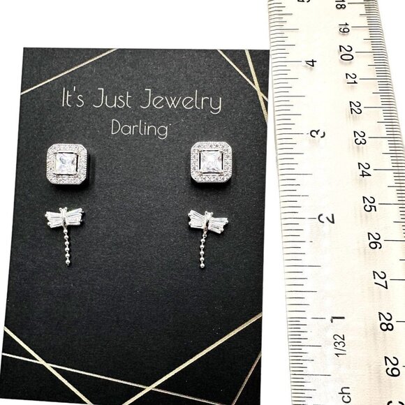 Womans Pierced Earrings Cubic Zirconia Studs Dragonfly & Princess Cut Gift Idea - Picture 3 of 3